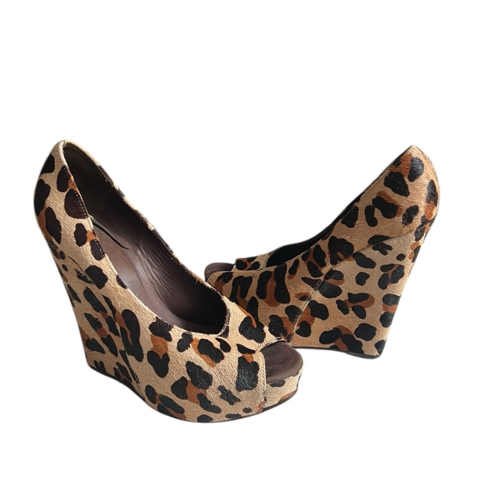 Madison Harding Leopard Print Peep-Toe Wedge Heels, Size 9